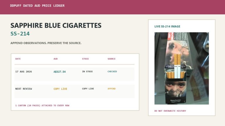 DDPuff dated AUD price ledger for Sapphire Blue SS-214 with source stamp, carton identity and live product image